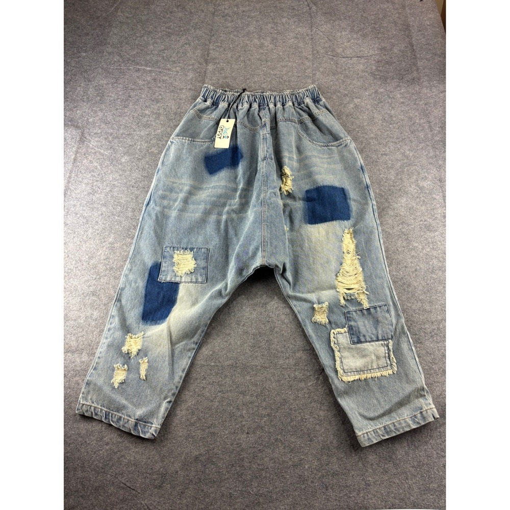 Jaded Gypsy Road Trip Harem Pants Denim Distressed Patchwork One Size New